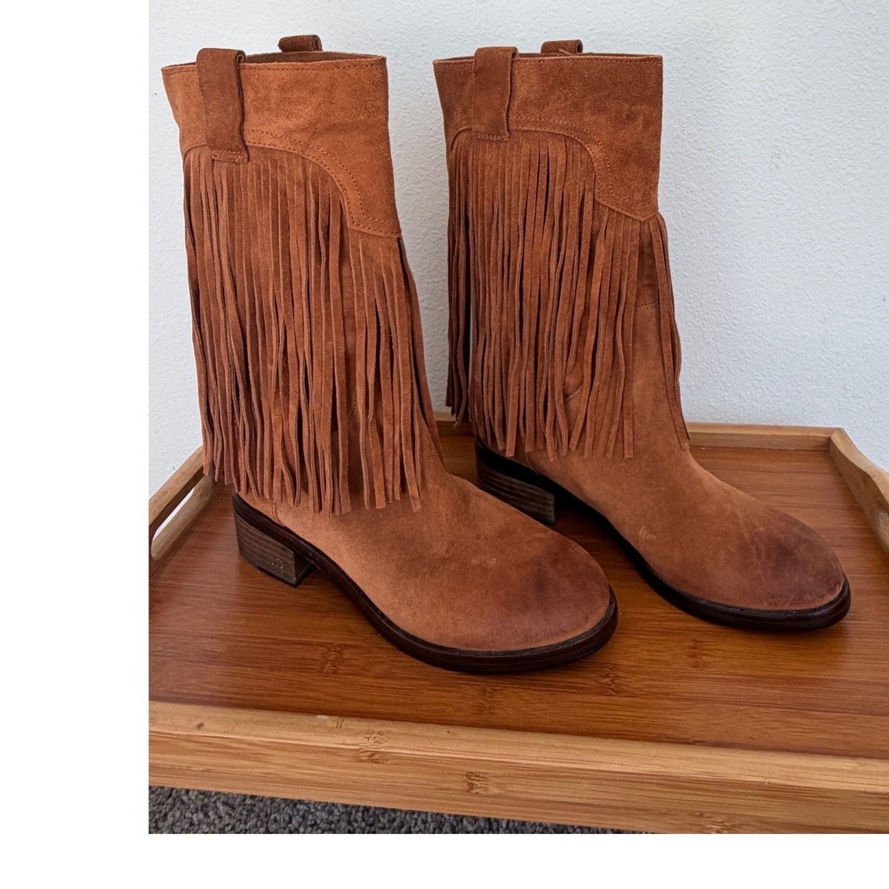 Lucky Brand Brown Suede Fringe Western Boots Womens 8M Cognac Boho Pull On - Picture 15 of 16